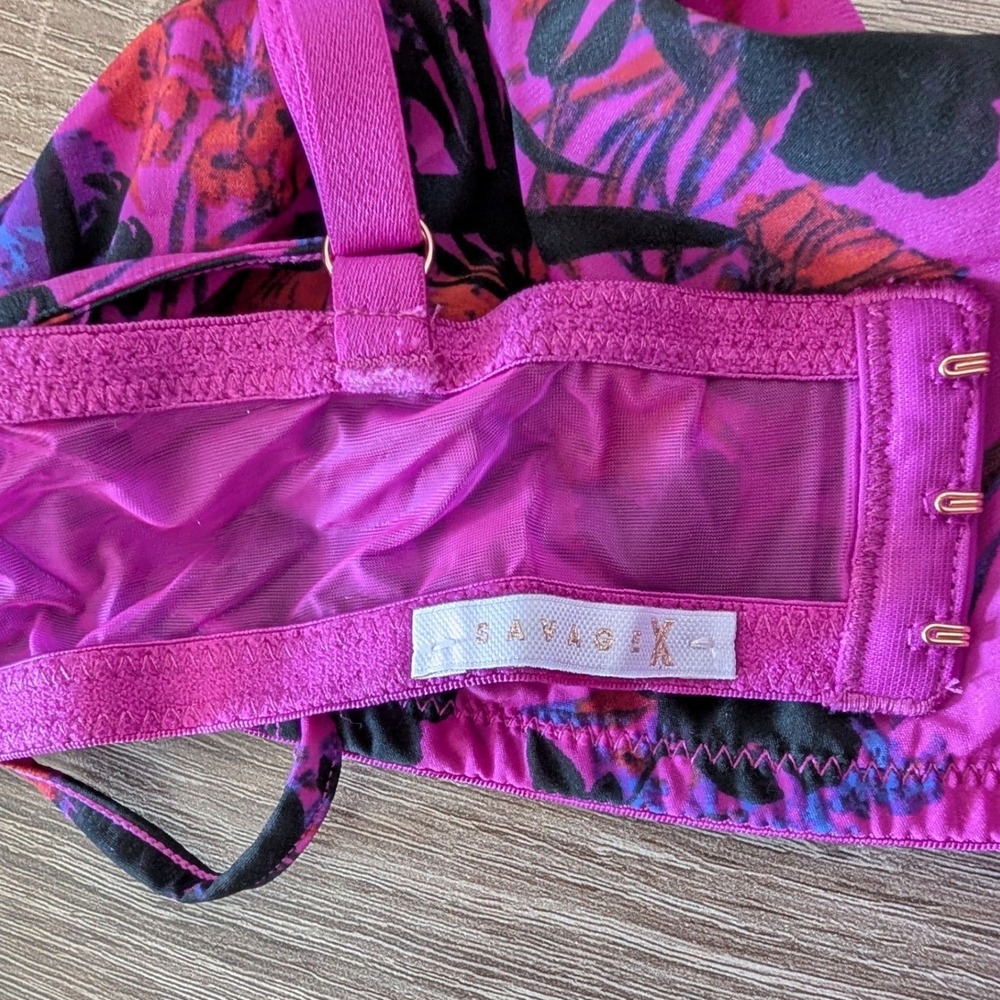 Savage X Fenty Magenta Floral Triangle Bralette Front Tie Mesh Back Size L - Picture 3 of 4